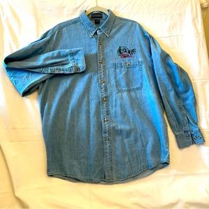 LA LOVING Mount Rushmore Denim Long Sleeve Button Up Shirt. Size large